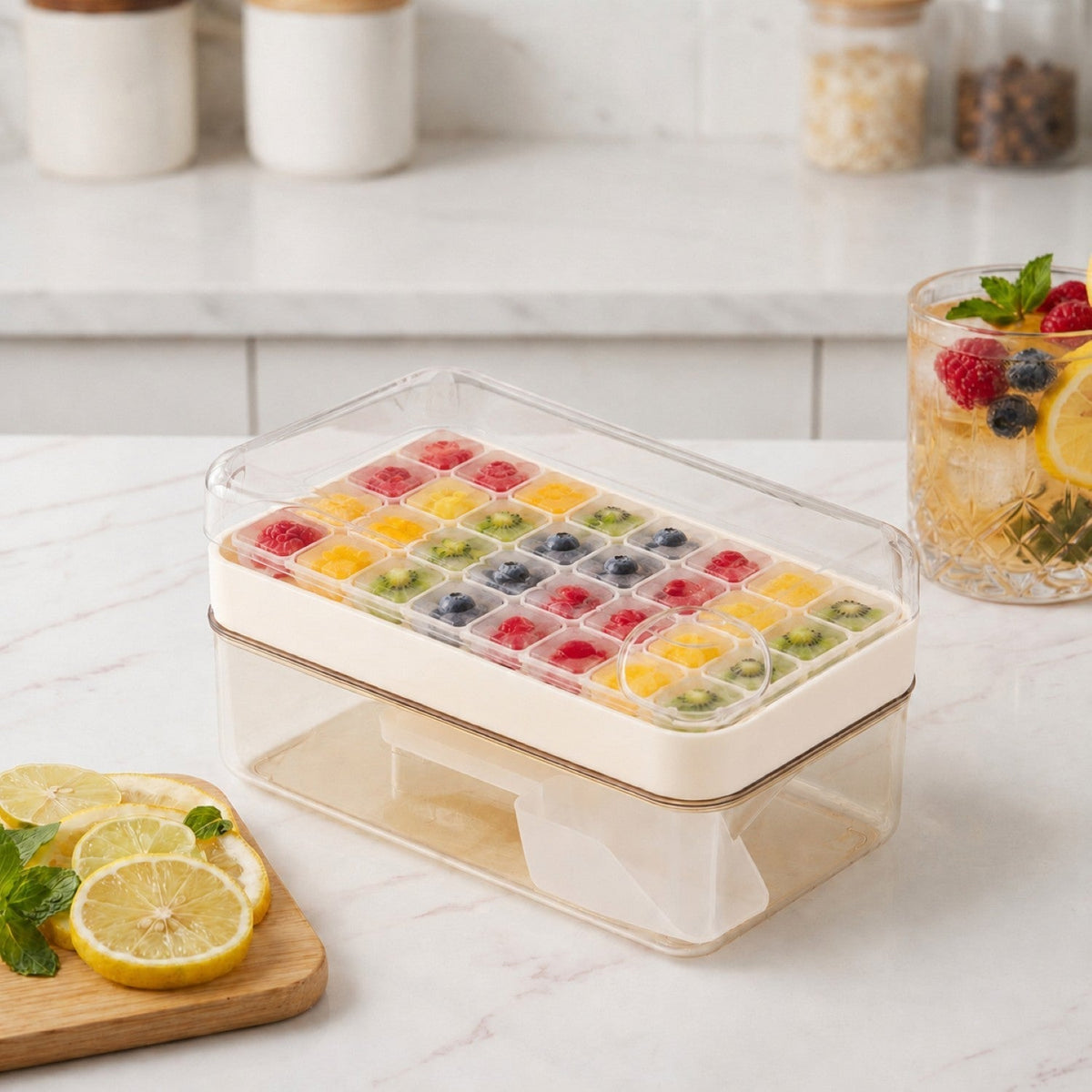 Ice Cube Tray One-Press Release 32-Cube Storage & Scoop