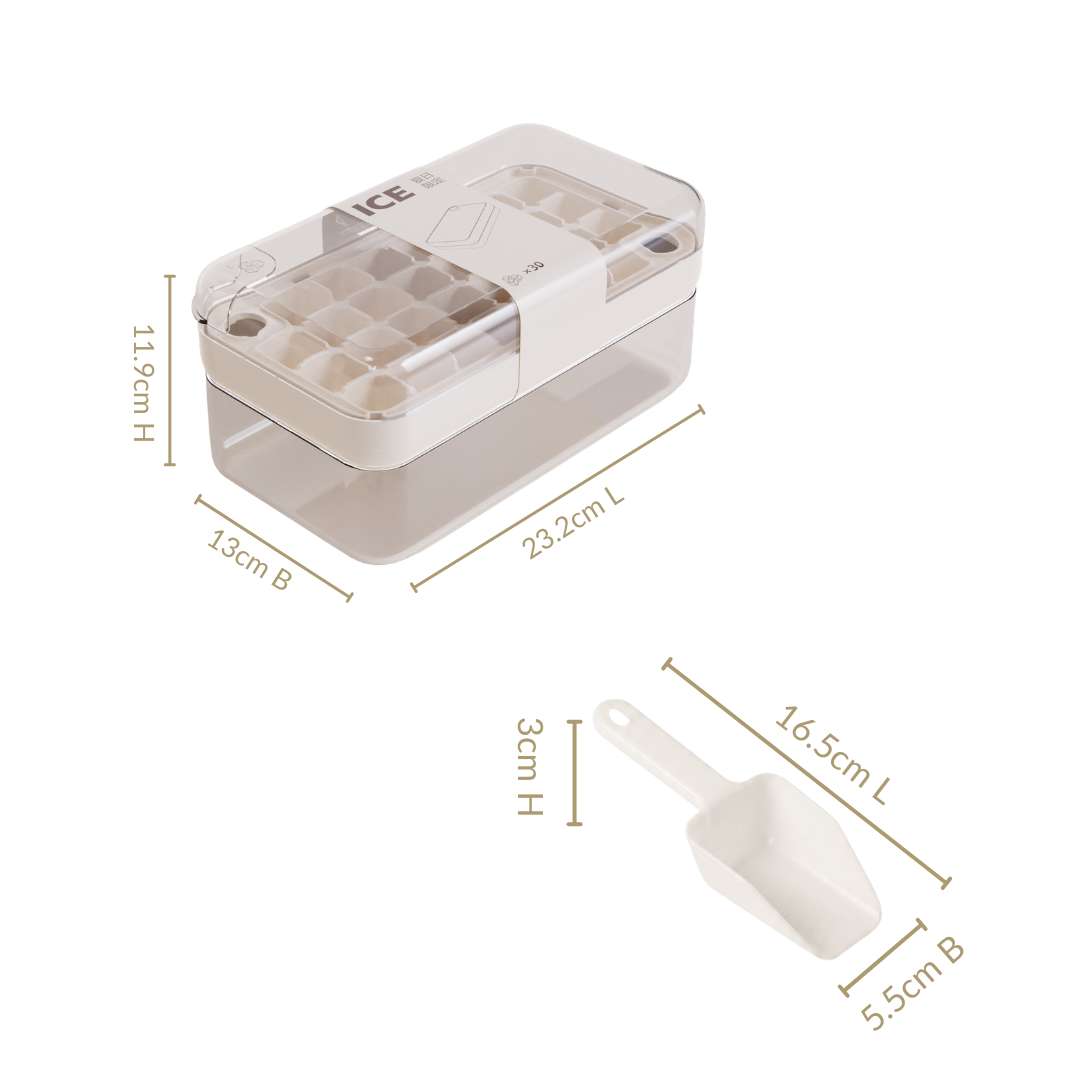 Ice Cube Tray One-Press Release 32-Cube Storage & Scoop