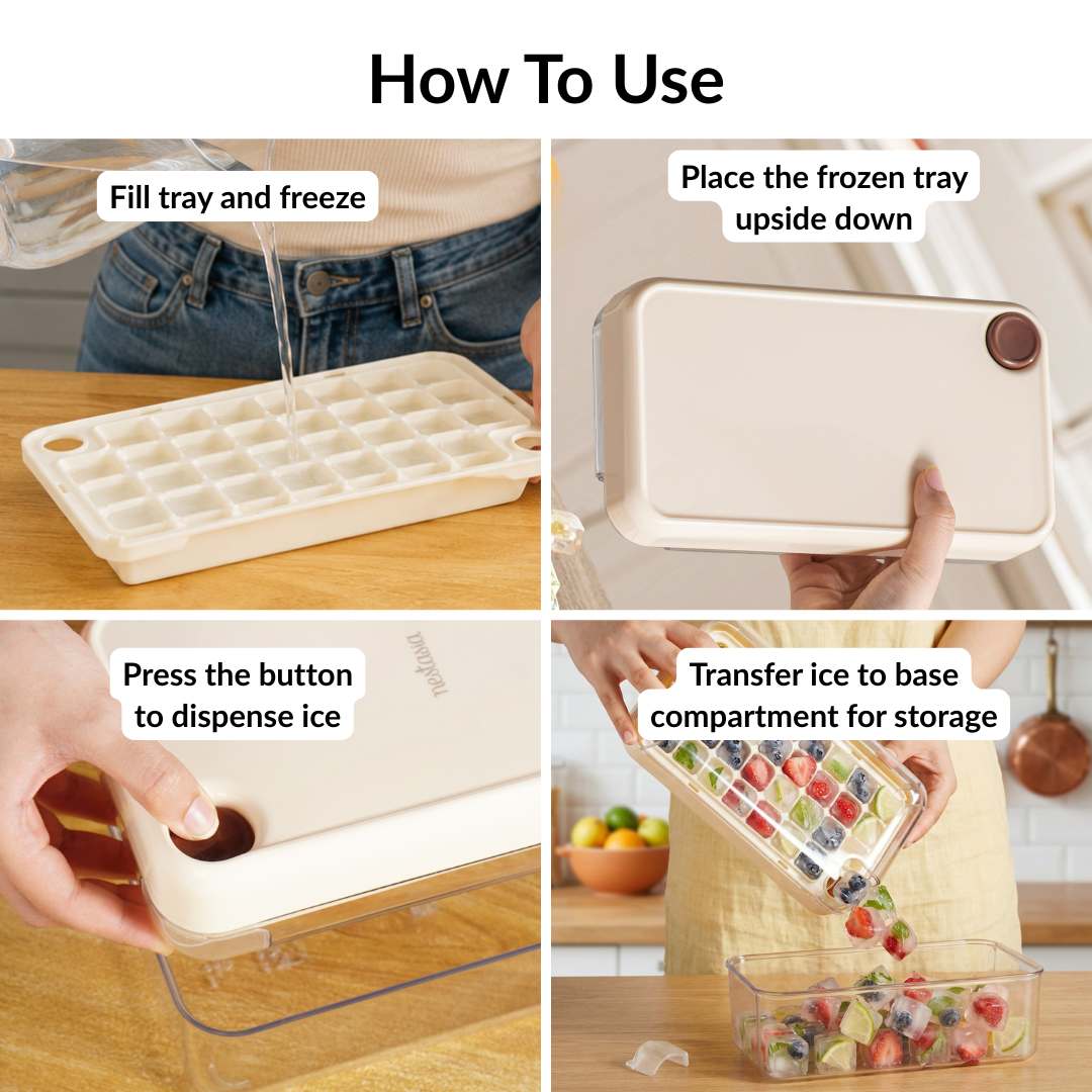 Ice Cube Tray One-Press Release 32-Cube Storage & Scoop
