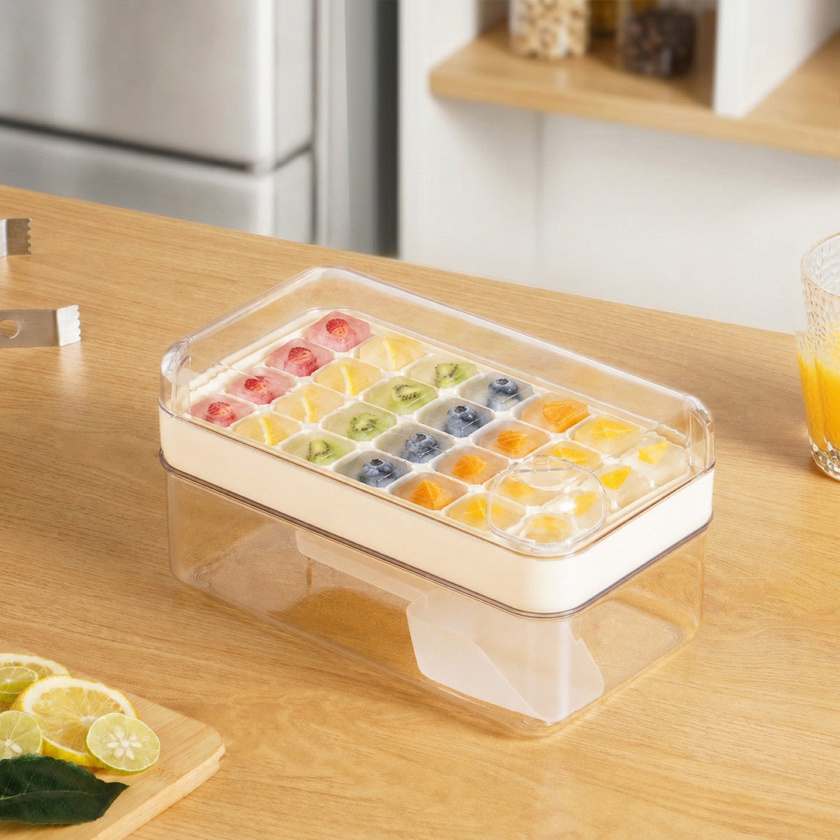 Ice Cube Tray One-Press Release 32-Cube Storage & Scoop
