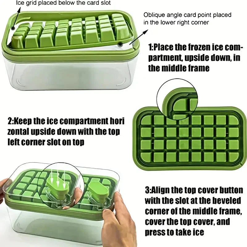 Ice Cube Tray Set Push-Release Lid Stackable 64-Cube Capacity