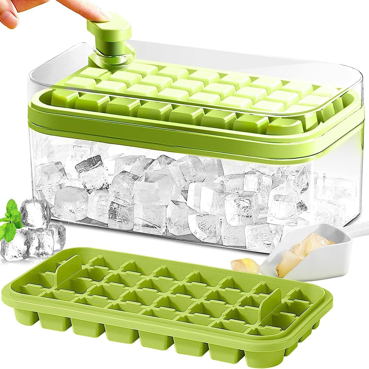 Ice Cube Tray Set Push-Release Lid Stackable 64-Cube Capacity