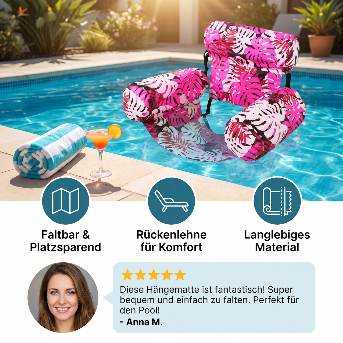 Inflatable Pool Hammock Breathable Mesh Backrest & Stable Float