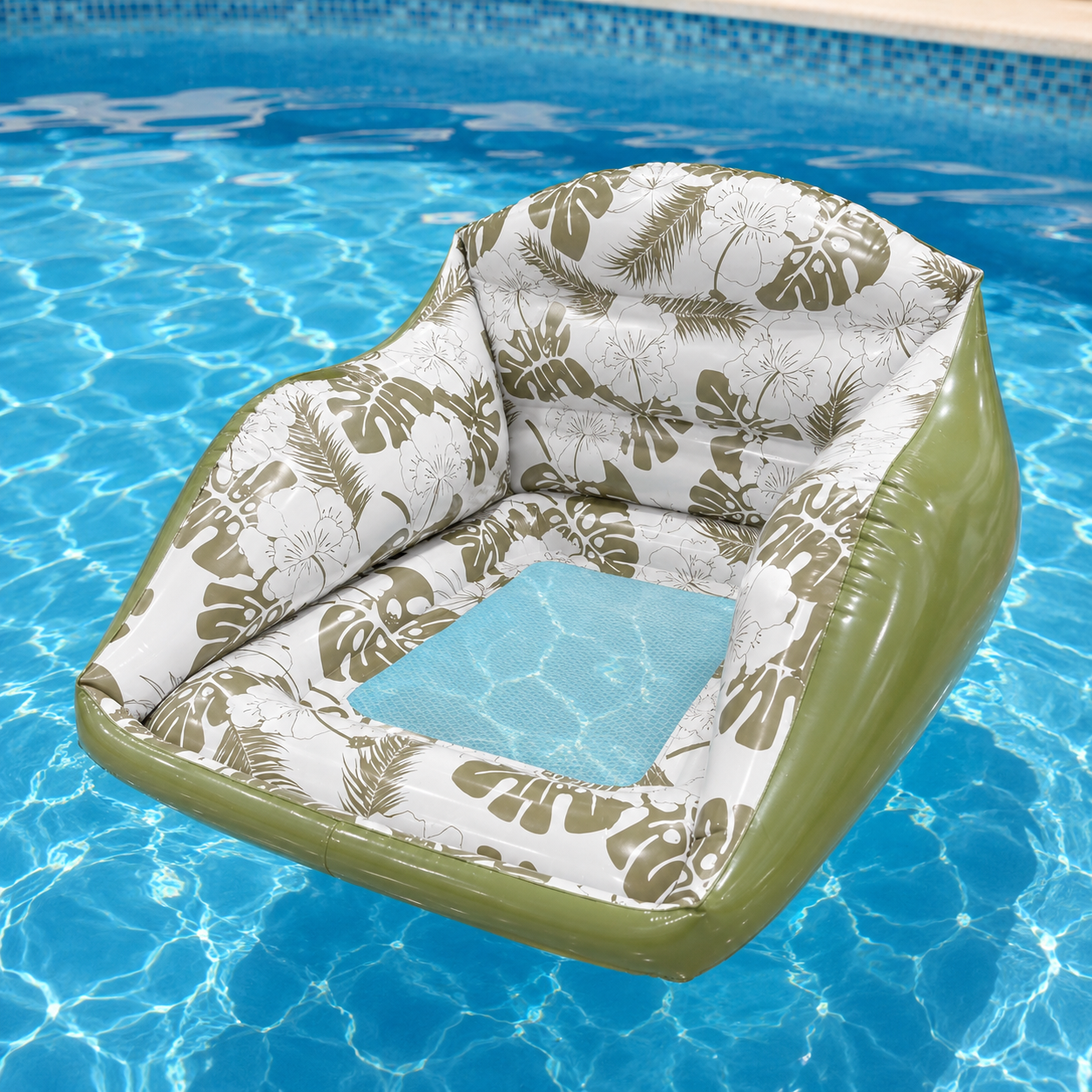 Inflatable Pool Lounge Chair U-Shaped Mesh Seat Puncture-Resistant PVC
