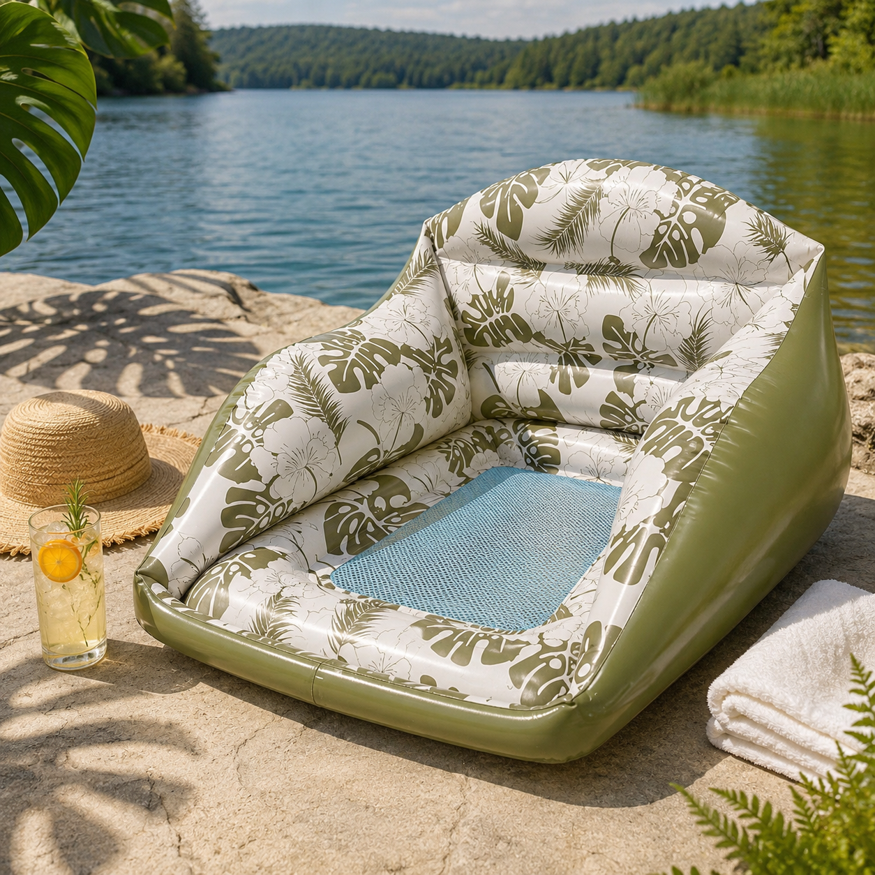 Inflatable Pool Lounge Chair U-Shaped Mesh Seat Puncture-Resistant PVC