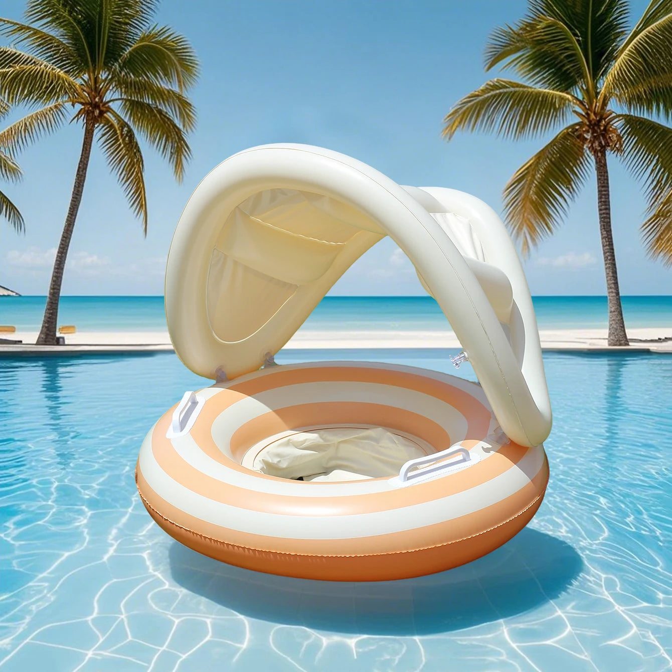 Inflatable Swim Ring Integrated Sunshade & Secure Handles