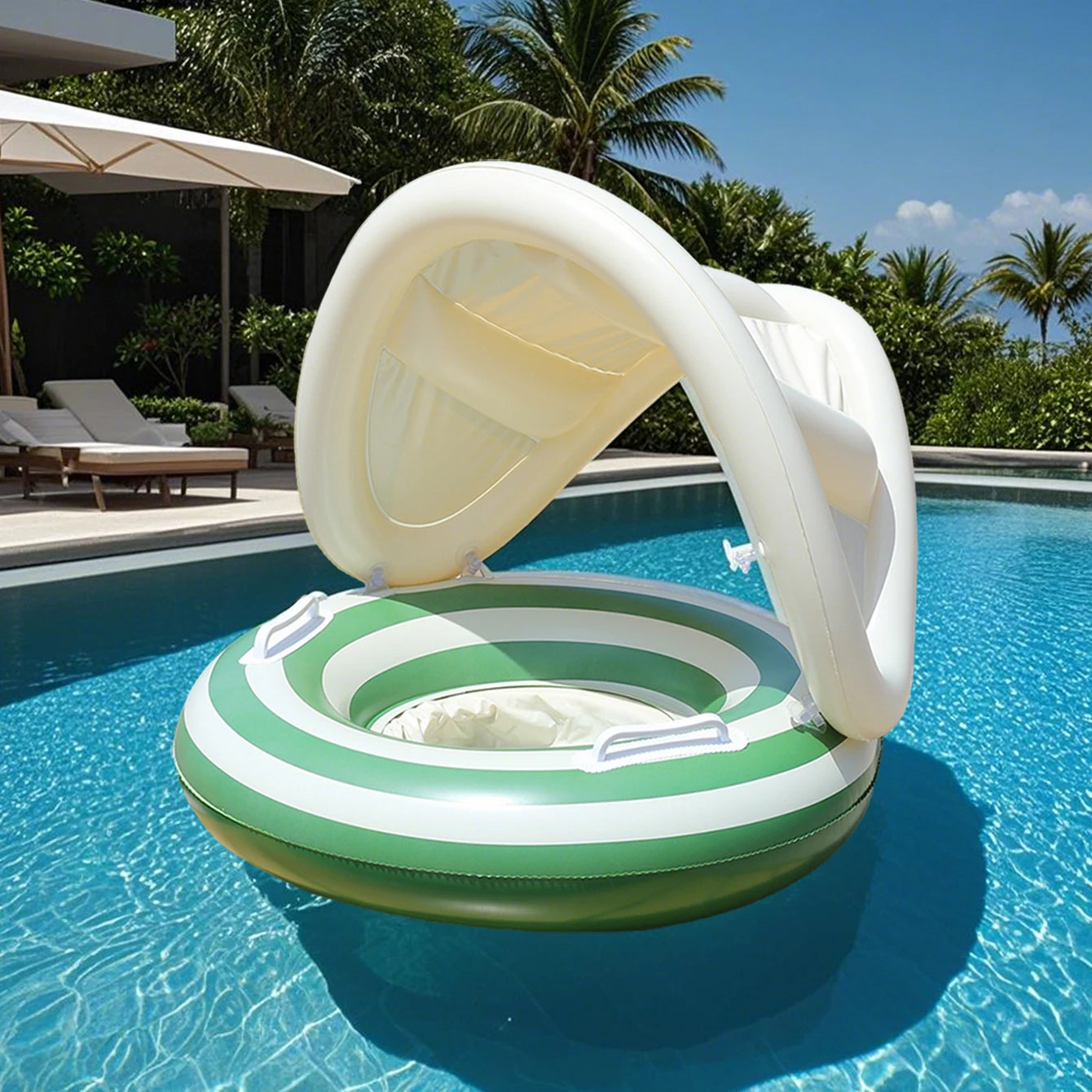 Inflatable Swim Ring Integrated Sunshade & Secure Handles