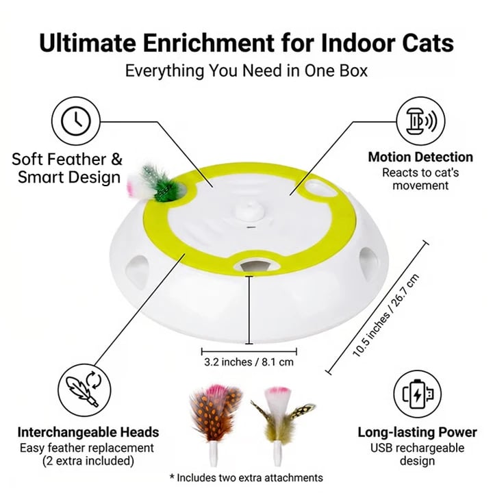 Interactive Cat Toy Motion Sensor Feather Pop-Up USB-C Rechargeable