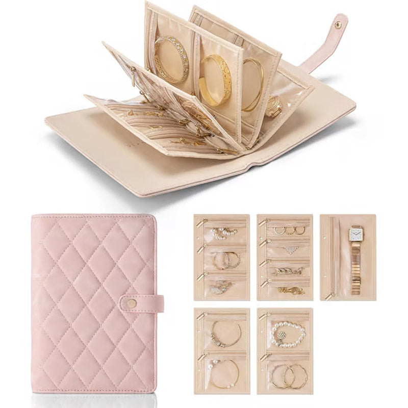 Jewelry Organizer Quilted PU Leather Multi-Compartment Snap Closure