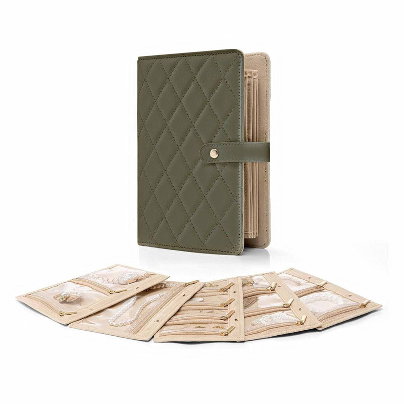 Jewelry Organizer Quilted PU Leather Multi-Compartment Snap Closure