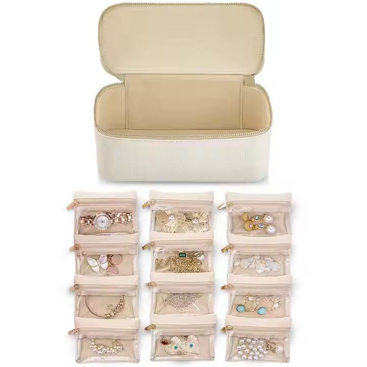 Jewelry Travel Box 12 Removable Velvet Pouches Faux Leather