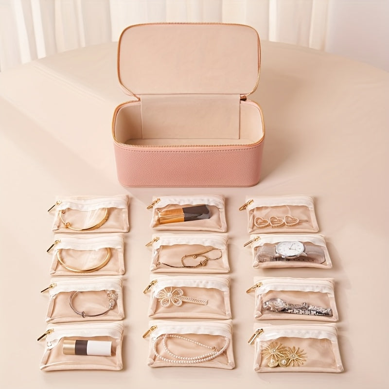 Jewelry Travel Box 12 Removable Velvet Pouches Faux Leather