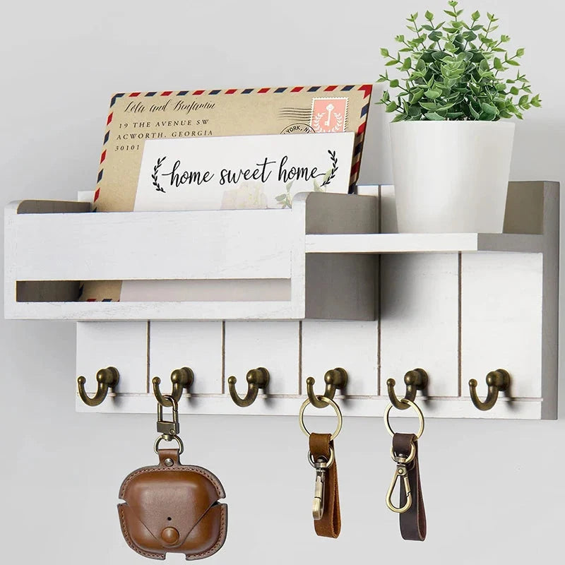 Key Rack Wall-Mounted Wood Shelf Mail Holder Six Hooks