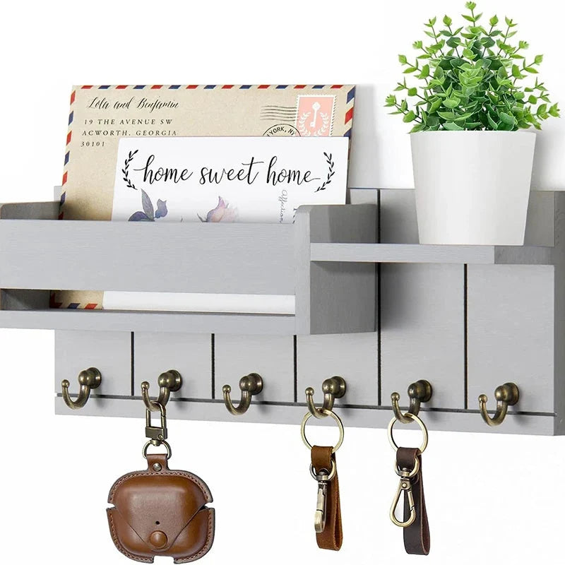 Key Rack Wall-Mounted Wood Shelf Mail Holder Six Hooks