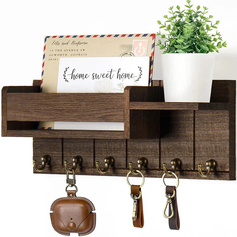 Key Rack Wall-Mounted Wood Shelf Mail Holder Six Hooks