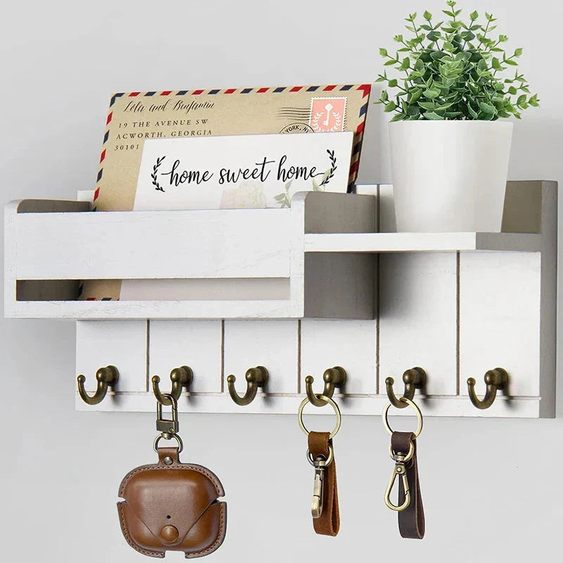 Key Rack Wall-Mounted Wood Shelf Mail Holder Six Hooks