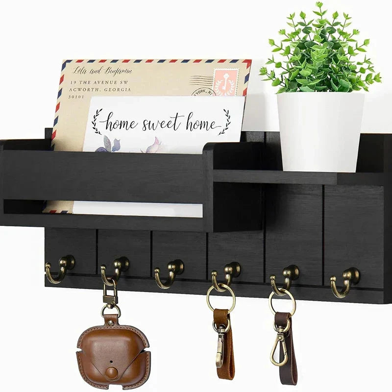 Key Rack Wall-Mounted Wood Shelf Mail Holder Six Hooks