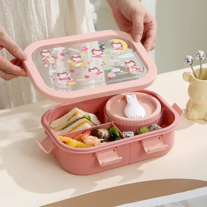 Kids Bento Box Leak-Proof 3 Compartments Removable Soup Bowl