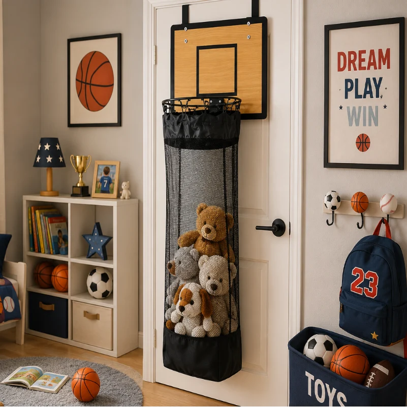 Kids Hanging Storage Organizer Basketball Backboard Mesh Bag
