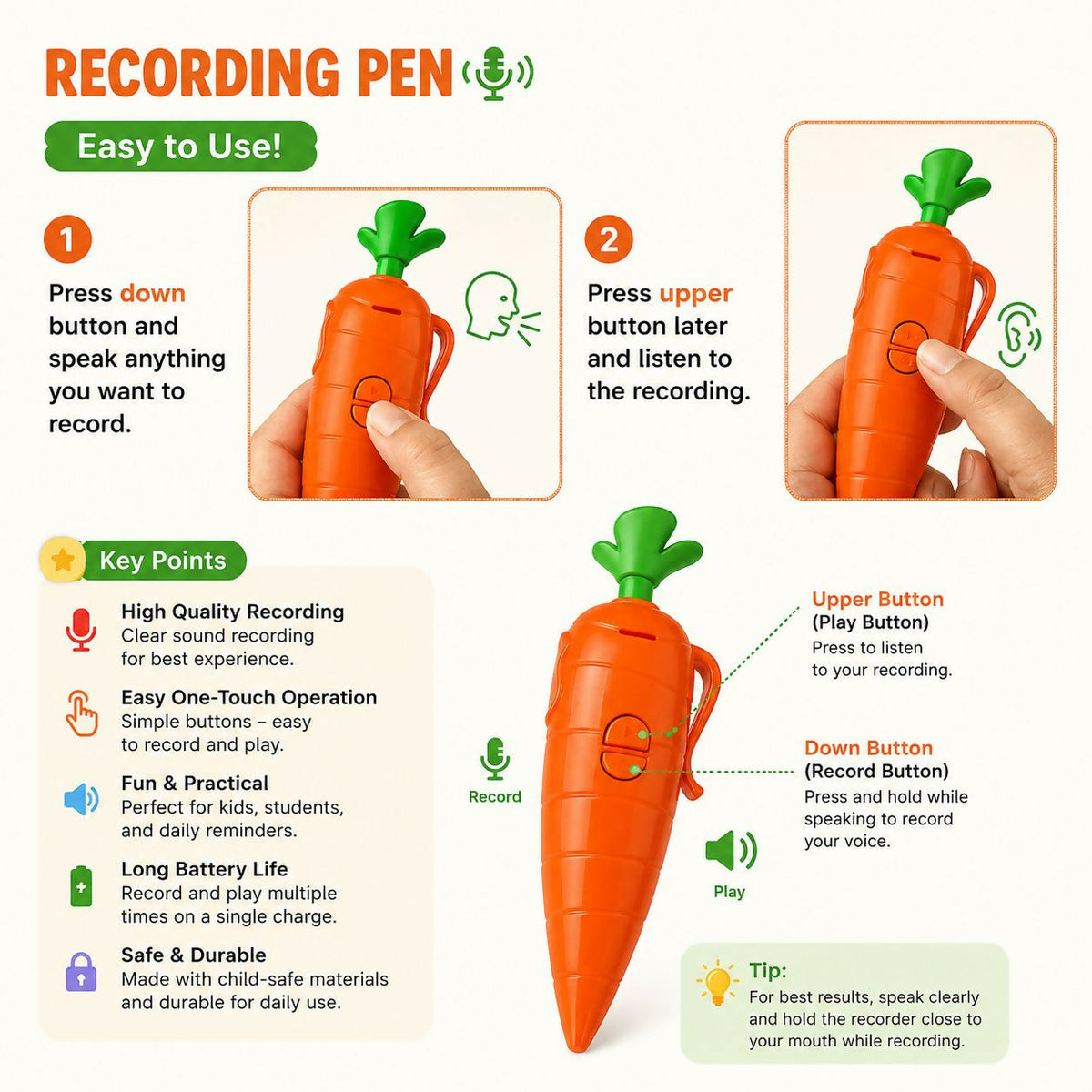Kids Interactive Pen Carrot Shape One-Button Recording & Playback