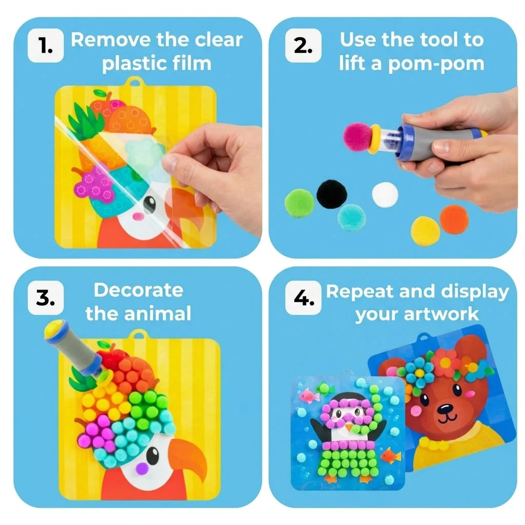Kids Pom-Pom Craft Kit 600 Multicolored Animal Peg Cards