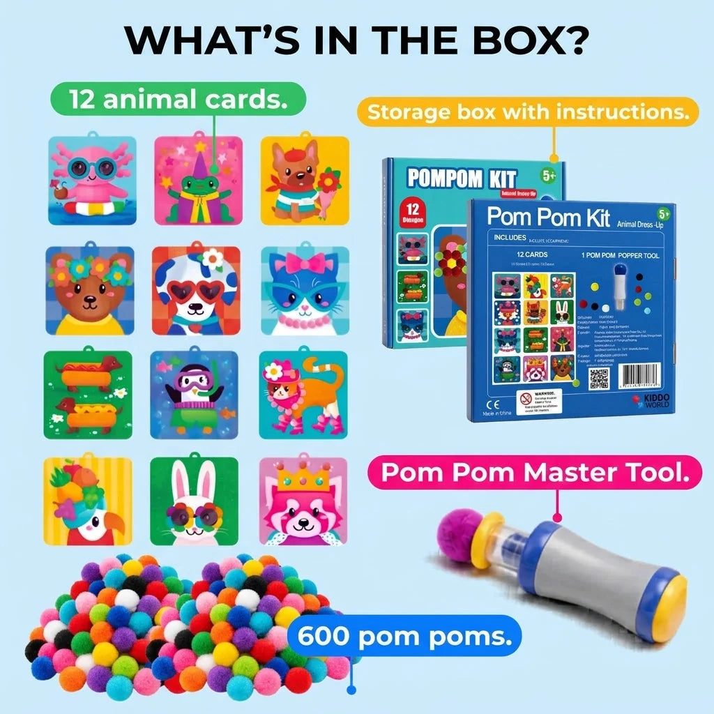 Kids Pom-Pom Craft Kit 600 Multicolored Animal Peg Cards