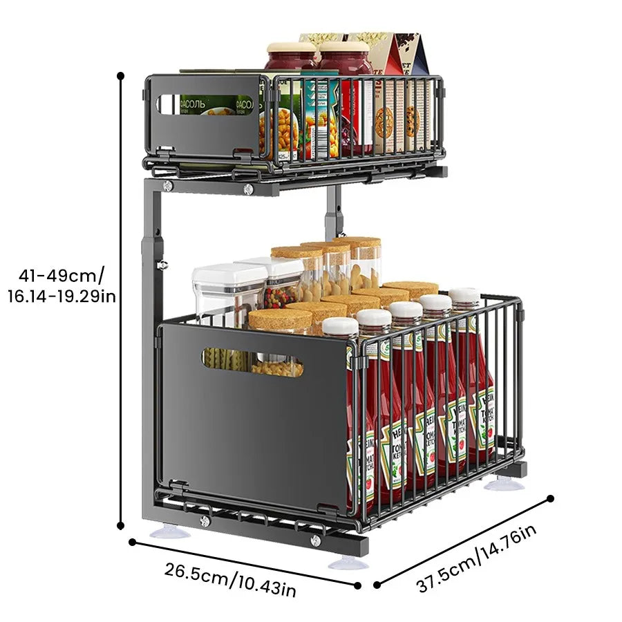 Kitchen Cabinet Organizer Expandable Two-Tier Pull-Out Steel Frame Height-Adjustable