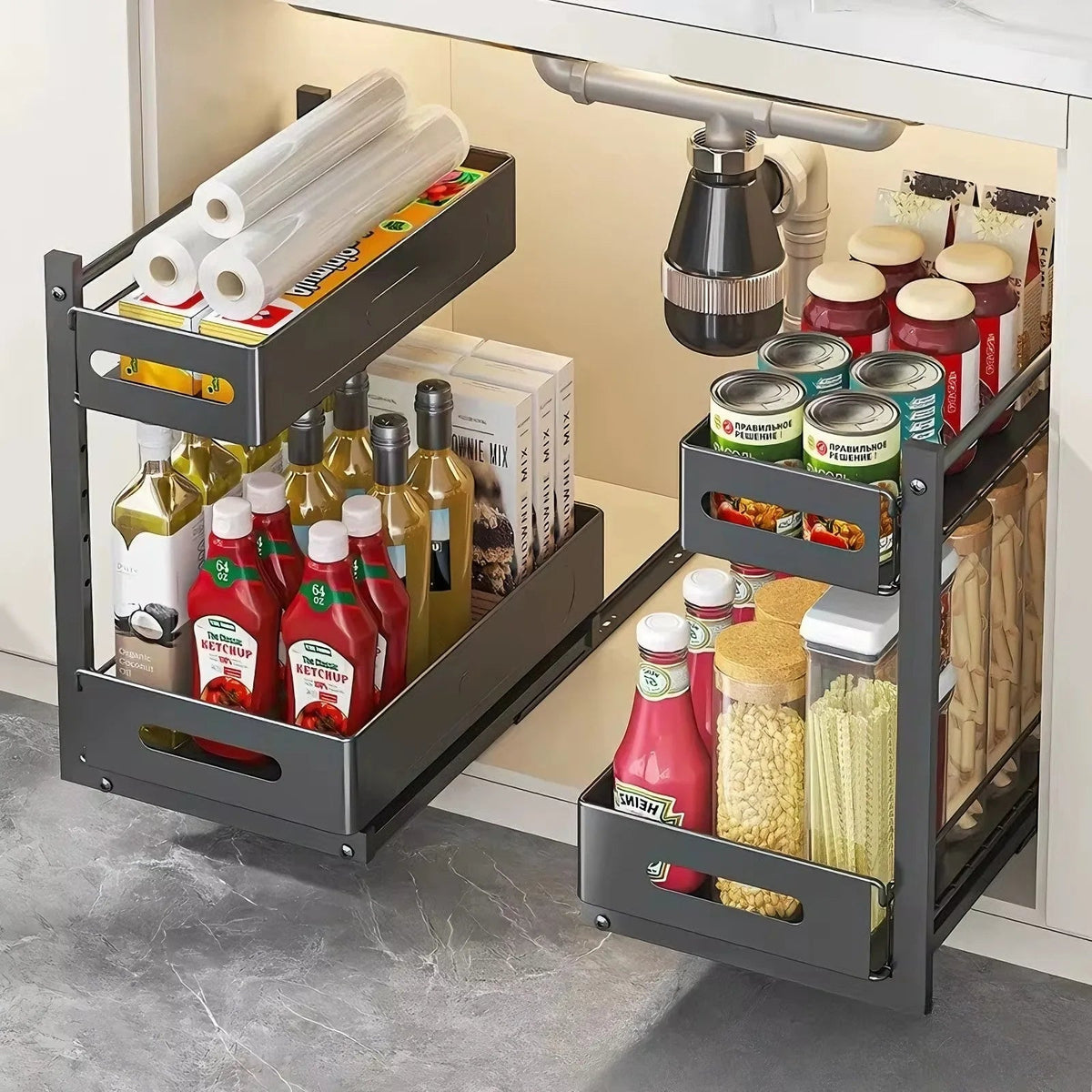 Kitchen Cabinet Organizer Expandable Two-Tier Pull-Out Steel Frame Height-Adjustable
