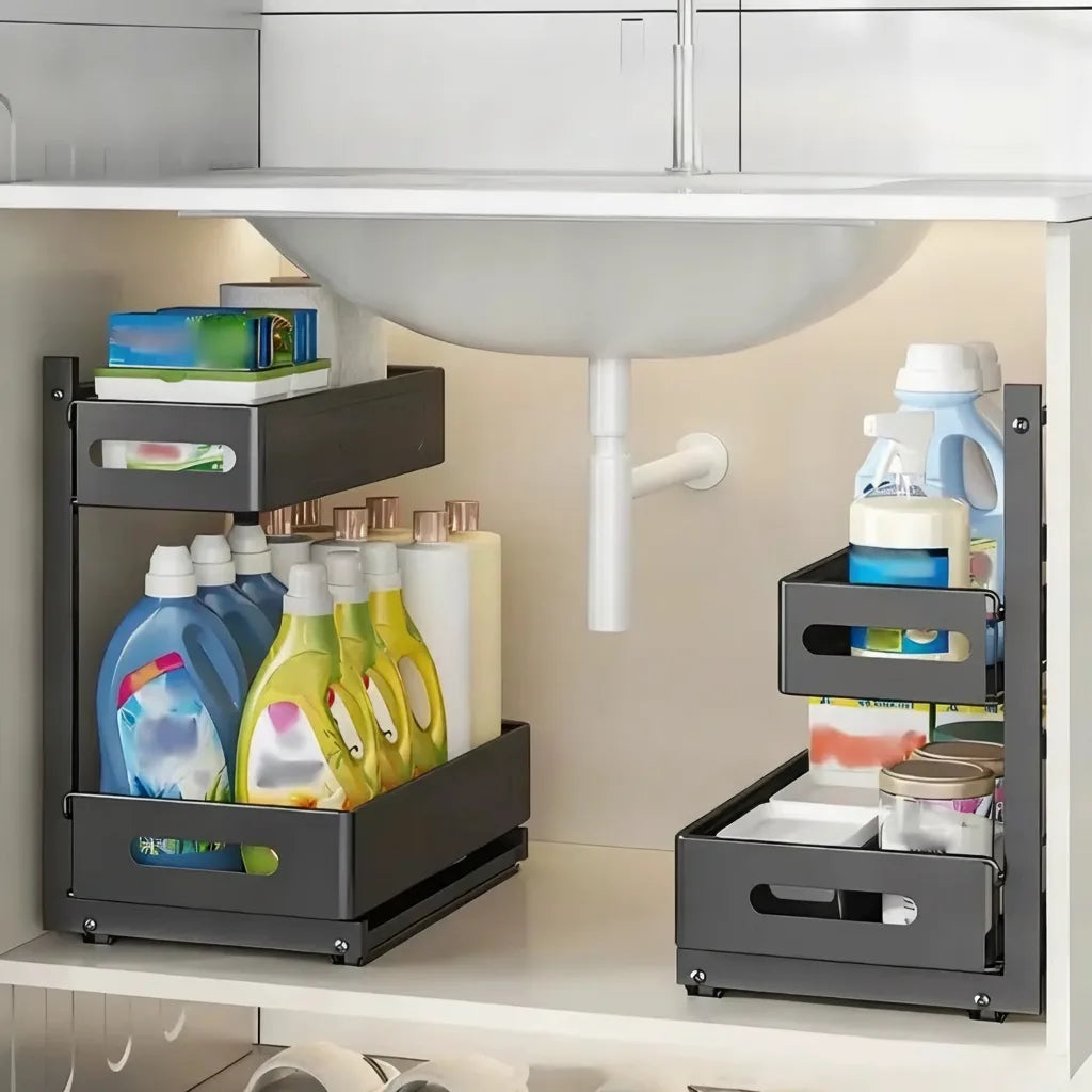 Kitchen Cabinet Organizer Expandable Two-Tier Pull-Out Steel Frame Height-Adjustable
