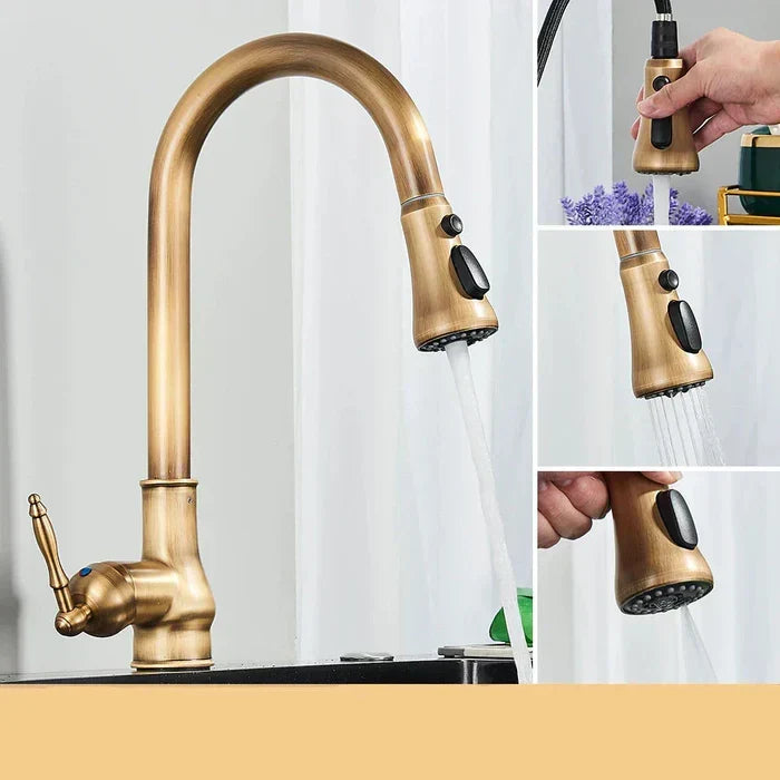Kitchen Faucet Swivel Gooseneck Pull-Out Single-Lever Antique Brass