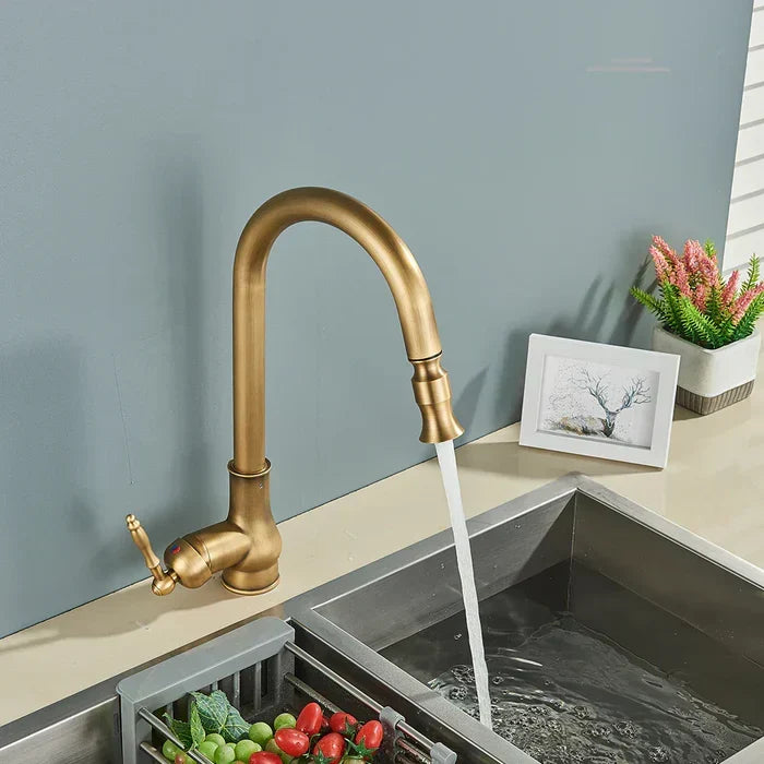 Kitchen Faucet Swivel Gooseneck Pull-Out Single-Lever Antique Brass