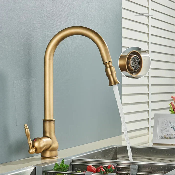 Kitchen Faucet Swivel Gooseneck Pull-Out Single-Lever Antique Brass