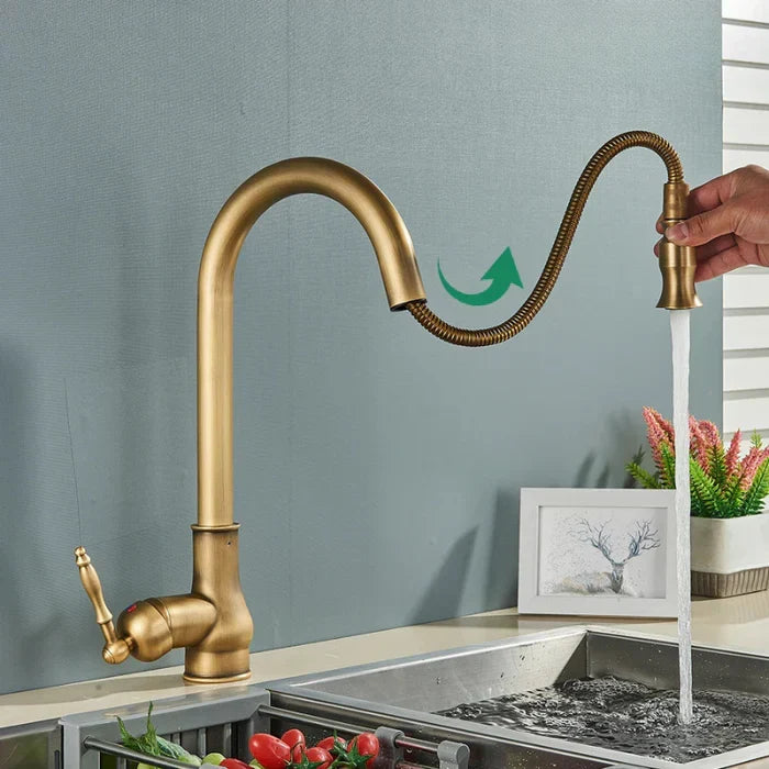 Kitchen Faucet Swivel Gooseneck Pull-Out Single-Lever Antique Brass