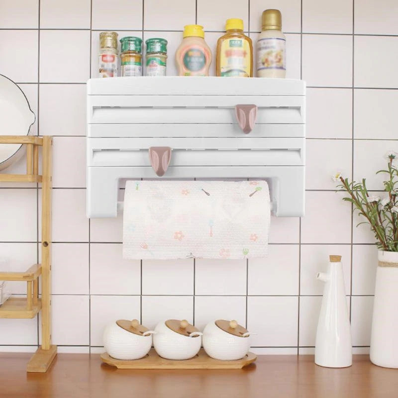 Kitchen Film & Towel Organizer Wall-Mounted Space-Saving Built-In Cutters