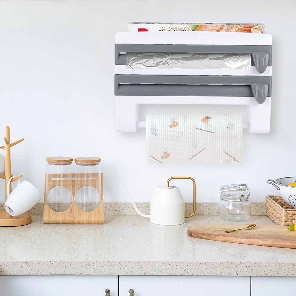 Kitchen Film & Towel Organizer Wall-Mounted Space-Saving Built-In Cutters