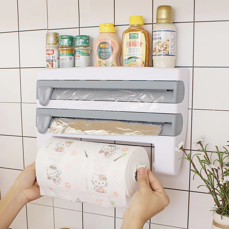 Kitchen Film & Towel Organizer Wall-Mounted Space-Saving Built-In Cutters