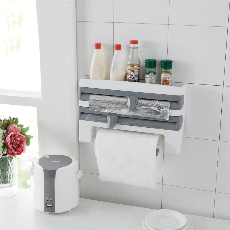 Kitchen Film & Towel Organizer Wall-Mounted Space-Saving Built-In Cutters