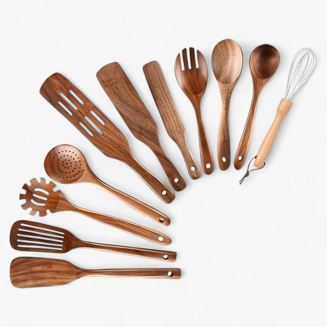 Kitchen Utensil Set Food-Safe Hardwood & Stainless Steel Whisk