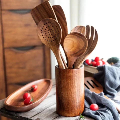 Kitchen Utensil Set Solid Teak Heat Resistant 9 Piece