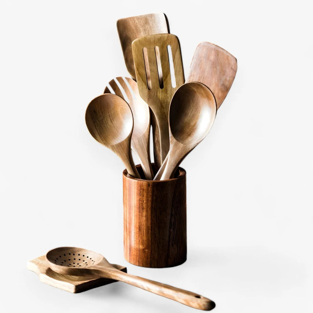 Kitchen Utensil Set Solid Teak Heat Resistant 9 Piece