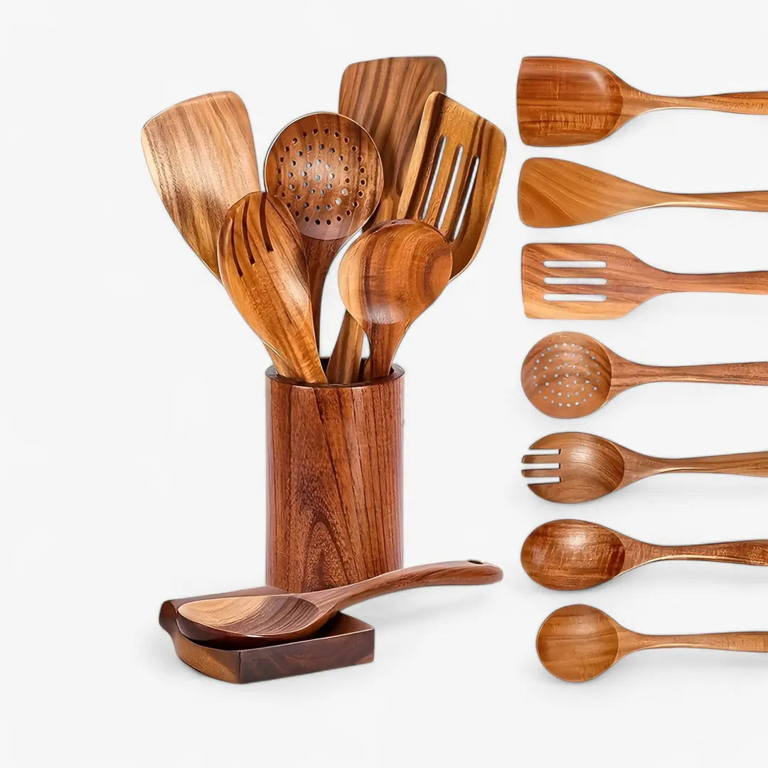 Kitchen Utensil Set Solid Teak Heat-Resistant Scratch-Free
