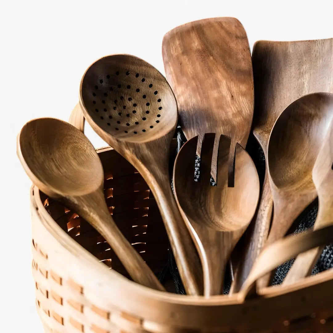 Kitchen Utensil Set Solid Teak Heat-Resistant Scratch-Free