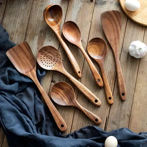 Kitchen Utensil Set Solid Teak Heat-Resistant Scratch-Free