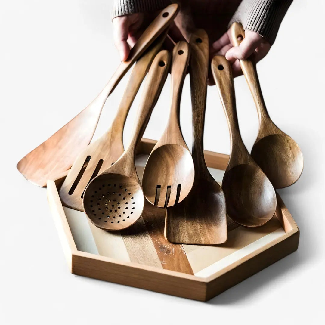 Kitchen Utensil Set Solid Teak Heat-Resistant Scratch-Free