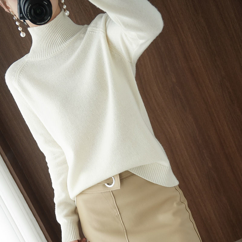 Knit Sweater Rib-Knit High Neck Loose Fit