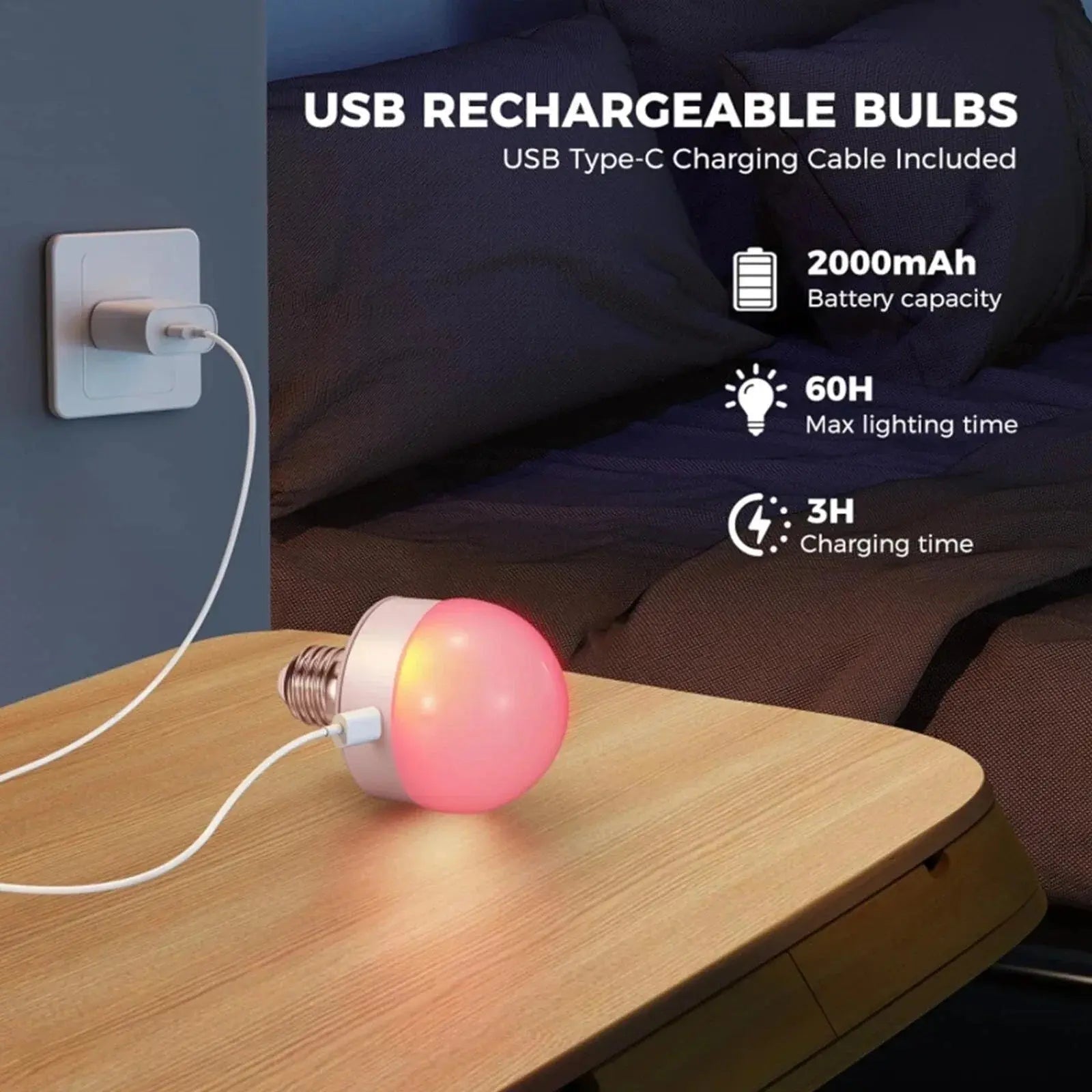 LED Bulb USB Rechargeable RGB E27 Remote & Dimmable