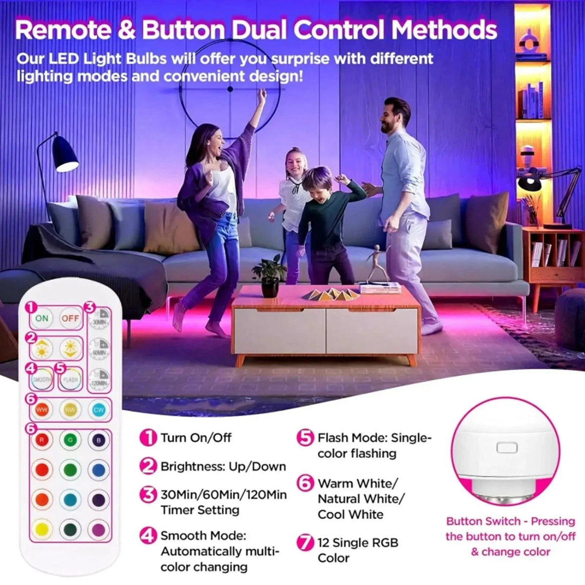 LED Bulb USB Rechargeable RGB E27 Remote & Dimmable