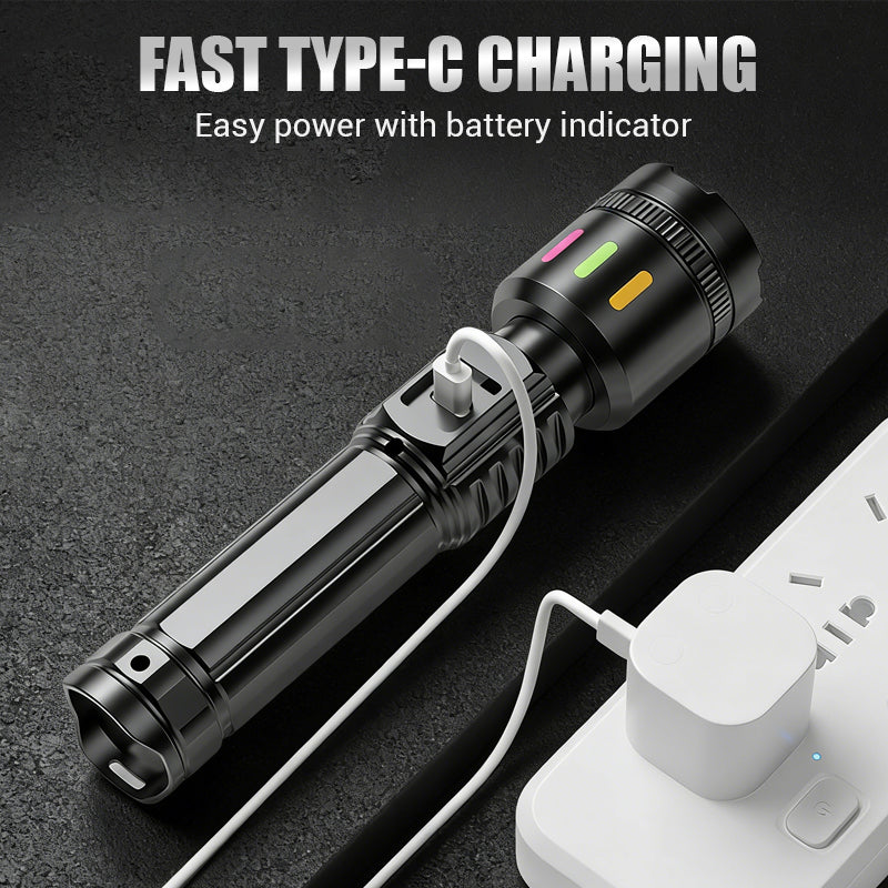 LED Flashlight 600m Beam Telescopic Zoom USB-C Charging