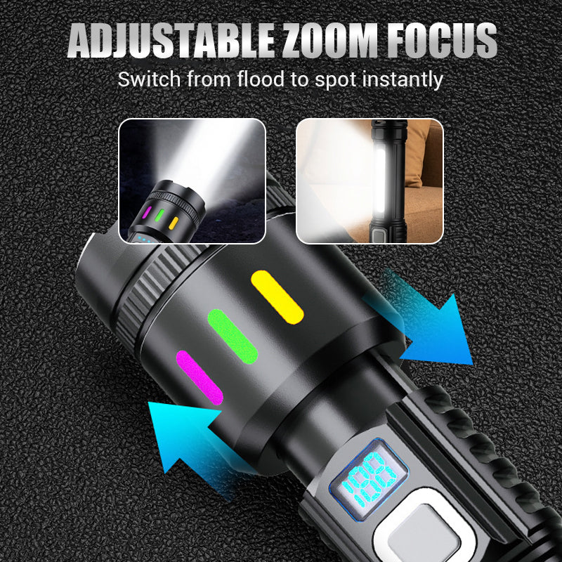 LED Flashlight 600m Beam Telescopic Zoom USB-C Charging