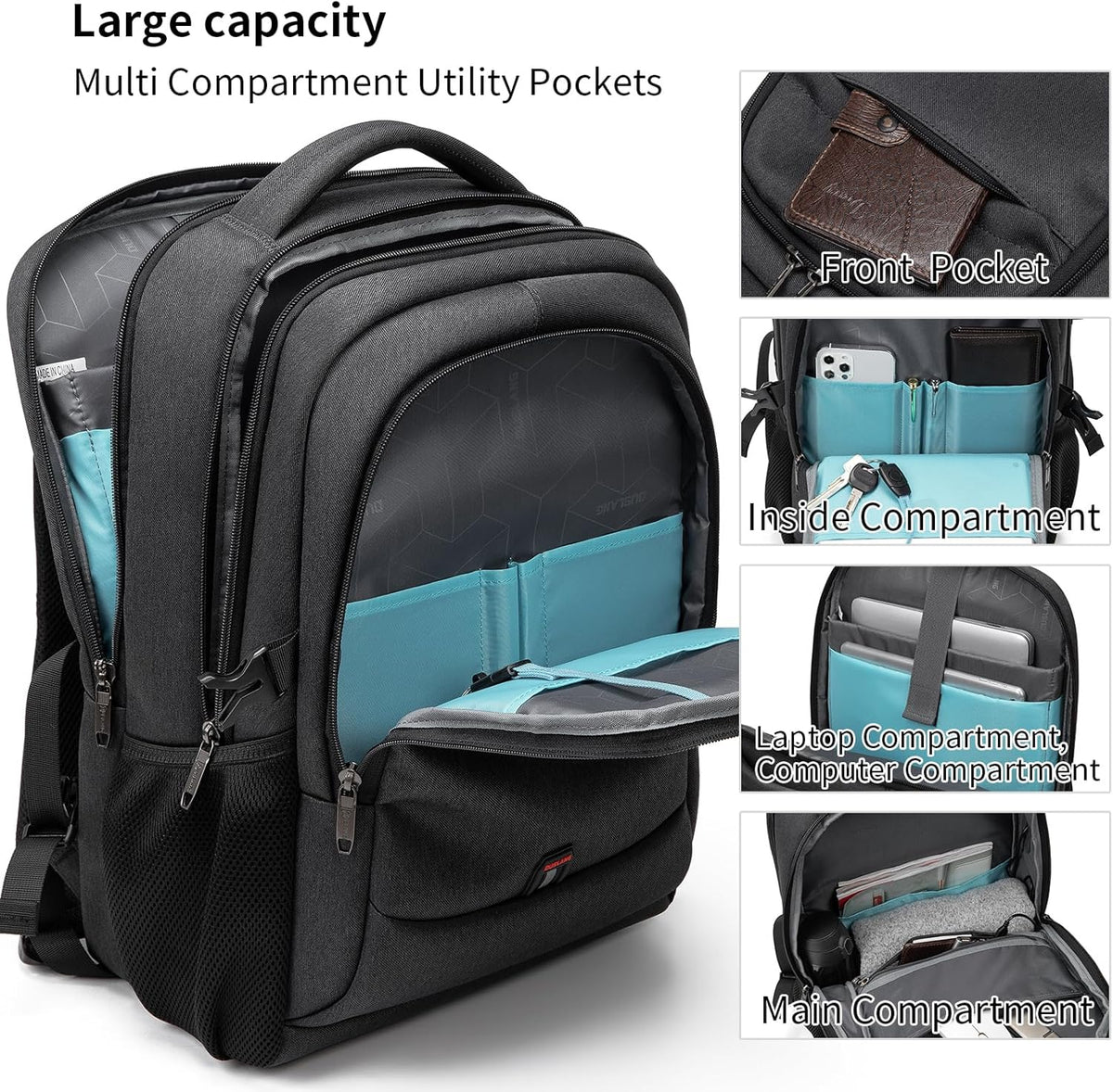 Laptop Backpack Hidden Anti-Theft Pocket Built-In USB Water-Resistant Polyester